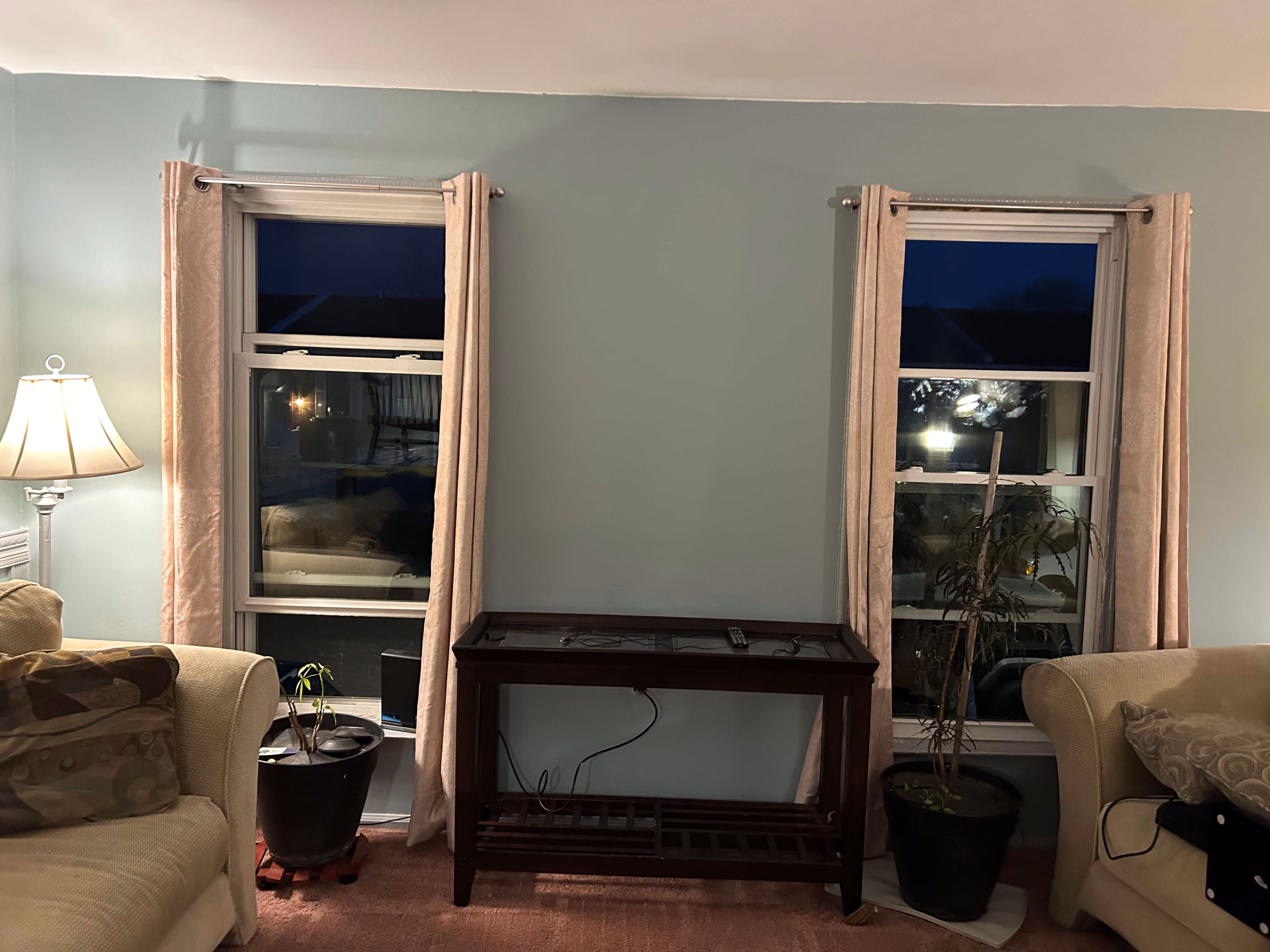 Living room wall with two windows, beige curtains, two potted plants, a lamp, and a dark wooden table with items.