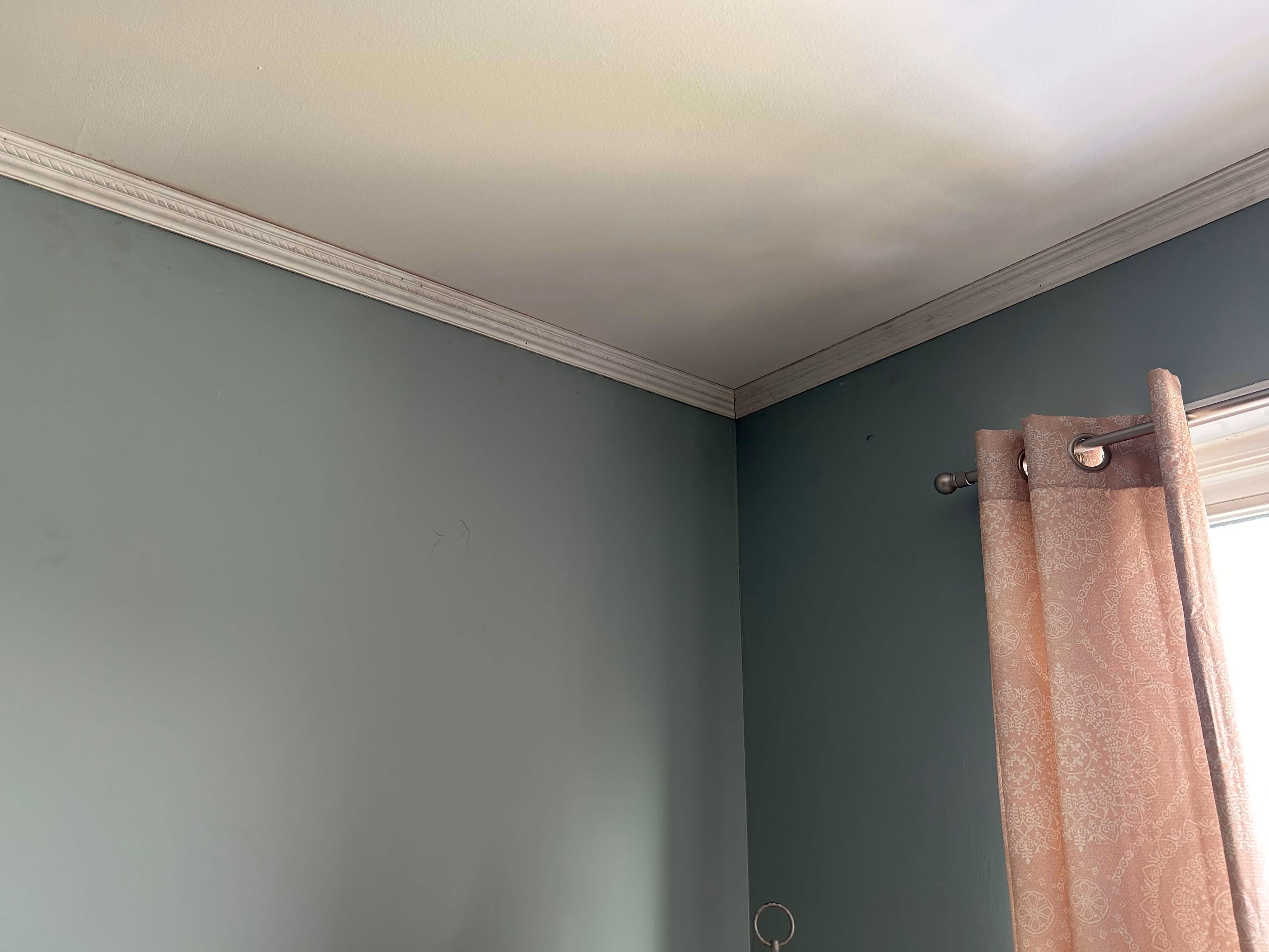 Corner of a room with green walls, white crown molding, and a pink patterned curtain on a window.