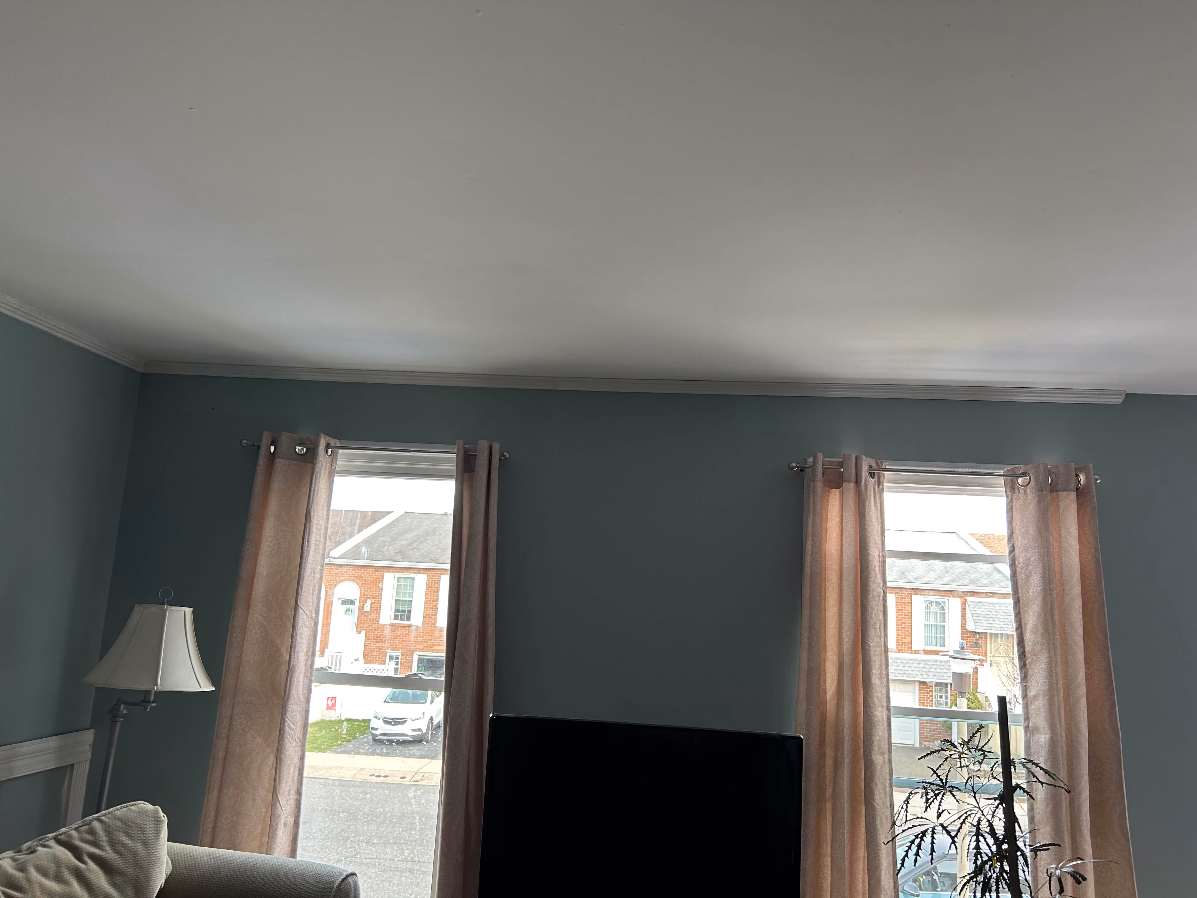 Living room with blue walls, two windows with sheer pink curtains, a floor lamp, and a TV.