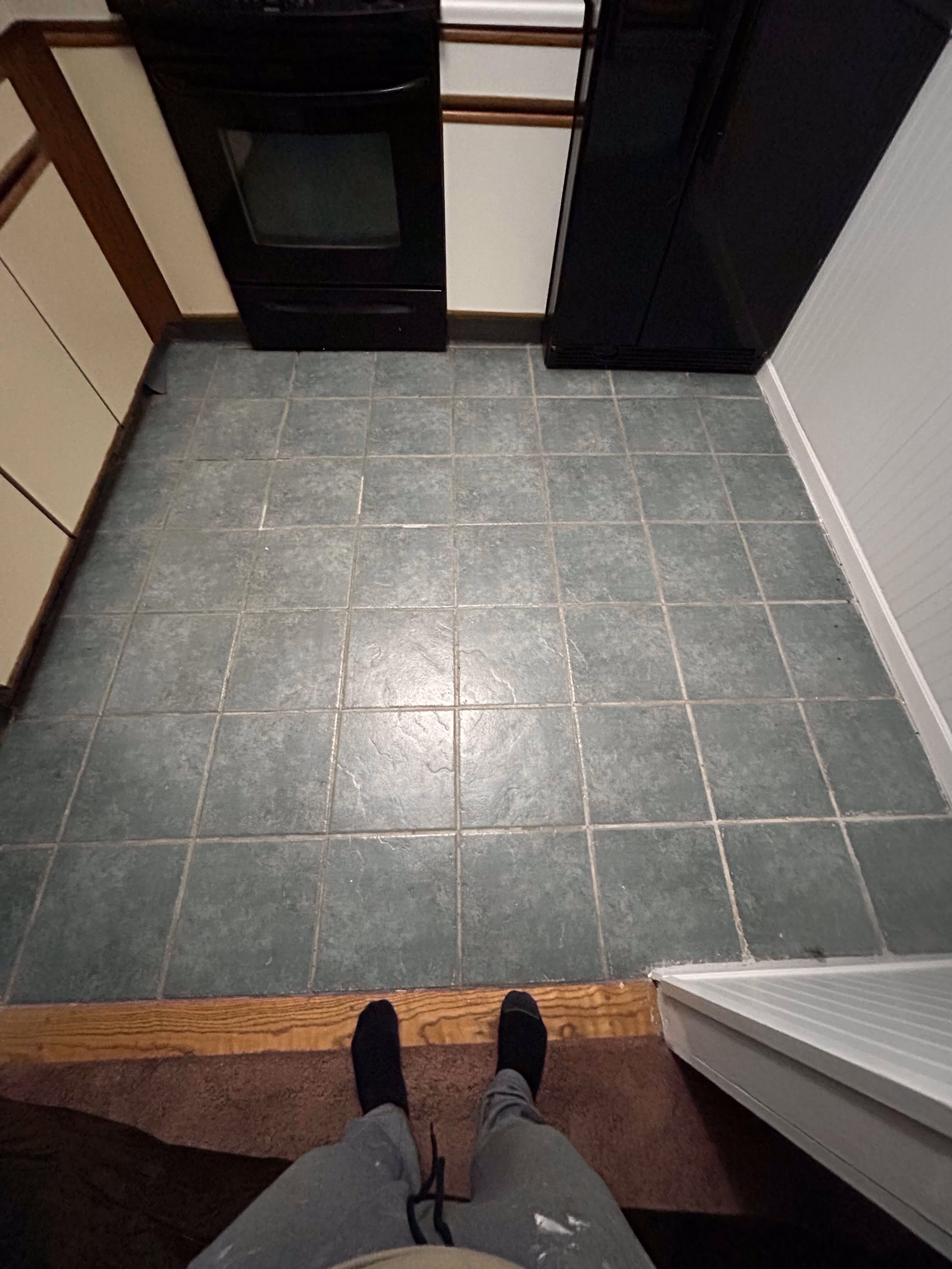 Person standing on carpeted floor next to a kitchen area with green square tiles and black appliances.