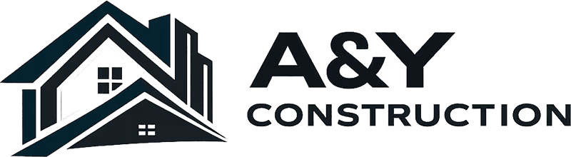 A&Y Construction logo featuring stylized rooftops and chimney in black and gray tones.